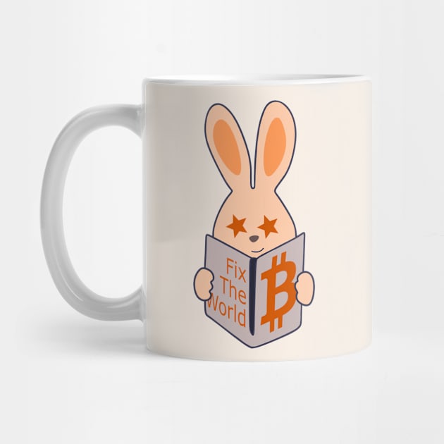 Happy bunny - Orange-pilled rabbit reading Bitcoin book by Babush-kat